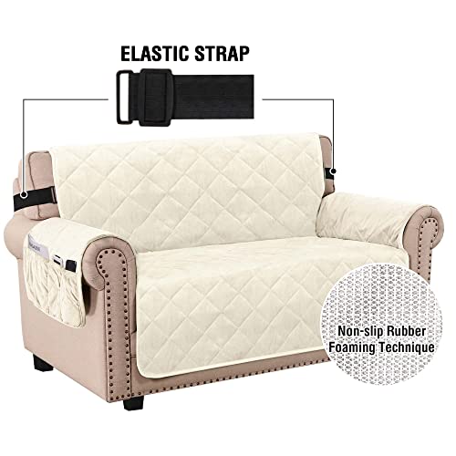 Thick Velvet Sofa Cover Soft Couch Cover for 2 Cushion Sofa Slipcover Washable Furniture Protector for Dogs, Non-Slip Elastic Straps Fit Sitting Width Up to 54"(Loveseat, Ivory)