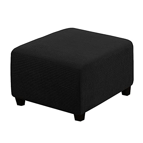 H.VERSAILTEX Square Ottoman Covers Ottoman Slipcovers Folding Storage Stool Furniture Protector Form Fit with Elastic Bottom, Stretch High Spandex Small Checks Jacquard Fabric(Medium,Black)