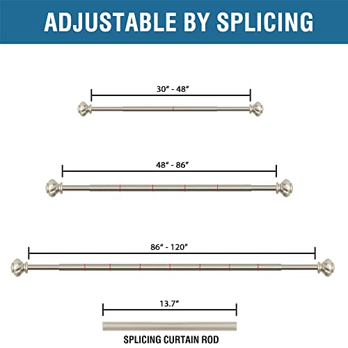 H.VERSAILTEX Window Curtain Rods for Windows 86 to 120 Inches Splicing Adjustable 3/4 Inch Diameter Single Window Curtain Rod Set with Decorative Ribbed Knob Finials, Nickel