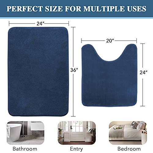 Bath Mat Memory Foam Set Bathroom Rug Set Flannel Velvety Bath Mat Luxury Extra Soft and Absorbent Non Slip Rugs for Bathroom/Bedroom Washable(Curved Set 24"x 36" Plus 20"x 24"U, Navy)