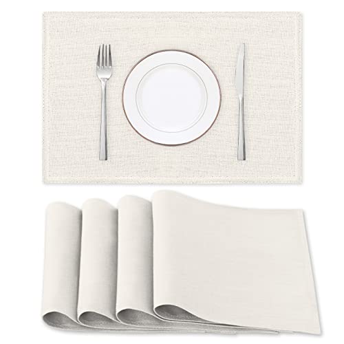 H.VERSAILTEX Linen Placemats Set of 4 Premium Solid Table Placemats for Dining Table Spill-Proof Waterproof Table Mats Heat-Resistant Kitchen Table Mats Washable, 12x18 inches, Ivory