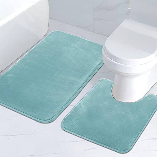 Bath Mat Memory Foam Set Bathroom Rug Set Flannel Velvety Bath Mat Luxury Extra Soft and Absorbent Non Slip Rugs for Bathroom/Bedroom Washable(Curved Set 24"x 36" Plus 20"x 24"U, Eggshell Blue)