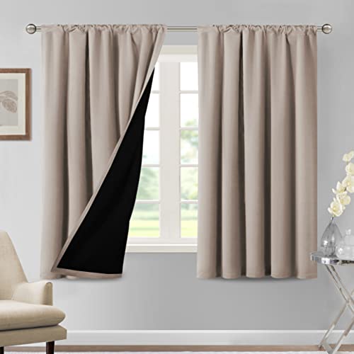 H.VERSAILTEX 100% Blackout Curtains for Bedroom Thermal Insulated Curtains & Drapes Blackout Curtains 63 Inches Long Rod Pocket Curtains for Living Room with Black Liner 2 Panels Set, Natural Sand