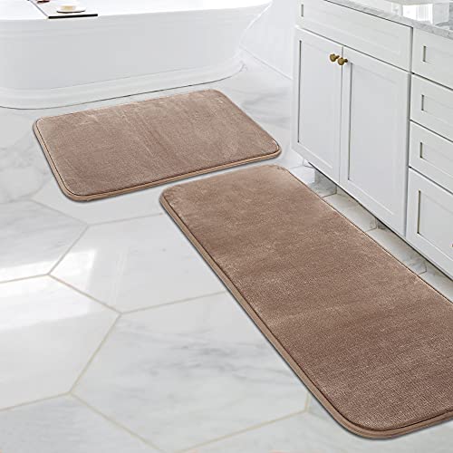 Kitchen Mat Set of 2 Memory Foam Set Bathroom Rug Set Flannel Velvety Bath Mat Luxury Extra Soft and Absorbent Non Slip Rugs for Kitchen/Bathroom Washable(47"x 17"/ 17"x 24", Taupe)