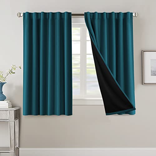 100% Blackout Curtains for Bedroom with Black Liner Full Room Darkening Curtains 54 Inches Long Thermal Insulated Back Tab/Rod Pocket Window Treatment Drapes for Living Room, Dark Teal, 2 Panels