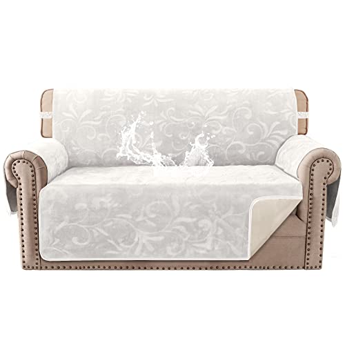 Sofa Slipcover 100% Waterproof Sofa Cover Couch Cover Premium Velvet Classic Flower Pattern Furniture Protector Non Slip with Elastic Straps for Pets Dogs Width Up to 52 Inch (Medium Sofa, Ivory)