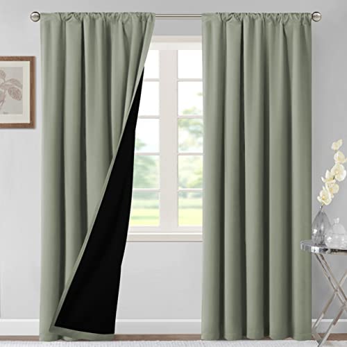 H.VERSAILTEX 100% Blackout Curtains for Bedroom Thermal Insulated Curtains & Drapes Blackout Curtains 84 Inches Long Rod Pocket Curtains for Living Room with Black Liner 2 Panels Set, Sage