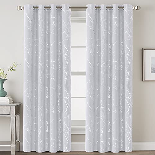 H.VERSAILTEX Blackout Curtains for Bedroom Foil Print Twig Tree Branch Thermal Insulated Grommet Curtain Drapes Light Blocking Thick Soft Window Curtains for Living 52 x 84 Inch Greyish White 2 Panels