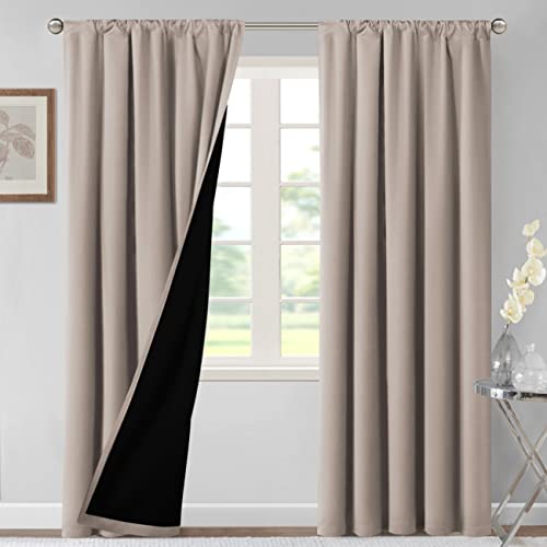 H.VERSAILTEX 100% Blackout Curtains for Bedroom Thermal Insulated Curtains & Drapes Blackout Curtains 84 Inches Long Rod Pocket Curtains for Living Room with Black Liner 2 Panels Set, Natural Sand