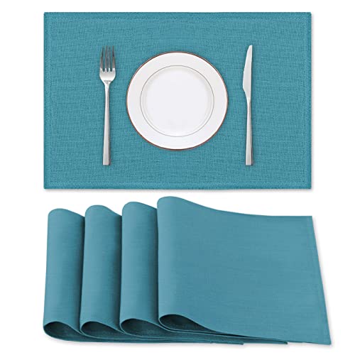 H.VERSAILTEX Linen Placemats Set of 4 Premium Solid Table Placemats for Dining Table Spill-Proof Waterproof Table Mats Heat-Resistant Kitchen Table Mats Washable, 12x18 inches, Teal