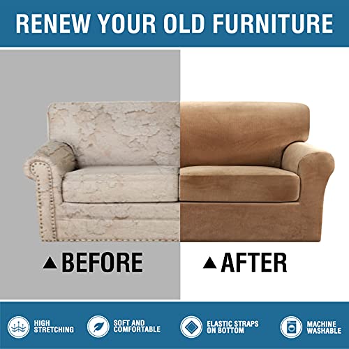 Thick Striped Velvet 3 Piece Stretch Sofa Covers Couch Covers for 2 Cushion Couch Sofa Slipcovers (Base Cover Plus 2 Large Cushion Covers) Feature Soft Stay in Place(2 Cushion: 72"-88", Camel)