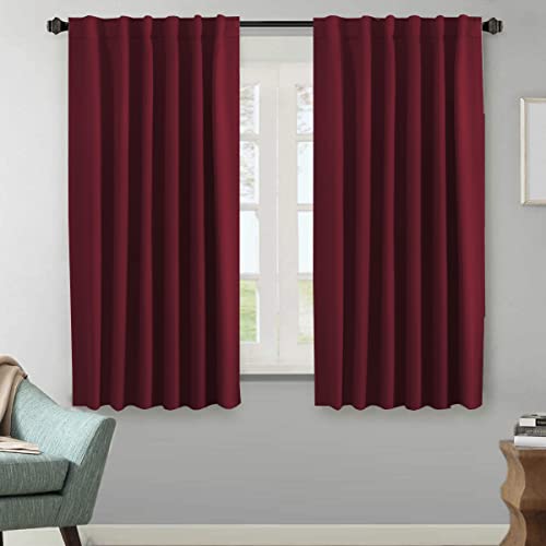 Blackout Curtains Thermal Insulated Window Treatment Panels Room Darkening Blackout Drapes for Living Room Back Tab/Rod Pocket Bedroom Draperies, 52 x 63 Inch, Burgundy Red, 2 Panels