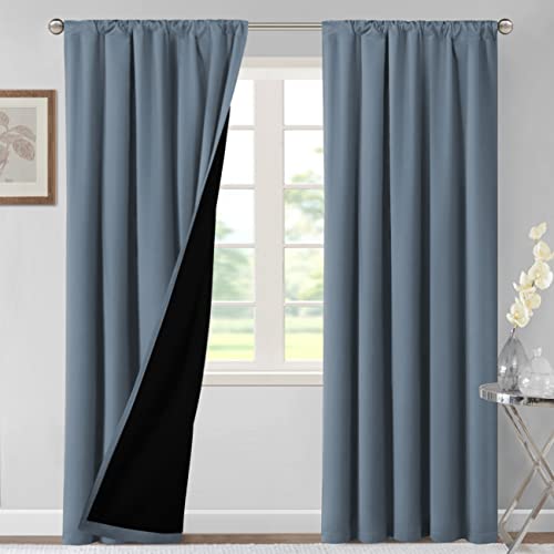 H.VERSAILTEX 100% Blackout Curtains for Bedroom Thermal Insulated Curtains & Drapes Blackout Curtains 84 Inches Long Rod Pocket Curtains for Living Room with Black Liner 2 Panels Set, Stone Blue