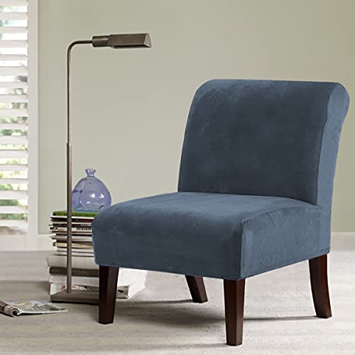 Velvet Accent Chair Covers High Stretch Armless Chair Covers for Living Room Luxury Thick Velvet Chair Slipcovers Modern Furniture Protector with Elastic Bottom, Machine Washable, Stone Blue