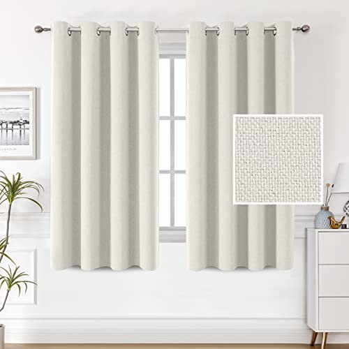 100% Blackout Linen Curtains 54 inches Long Thermal Curtains for Living Room Textured Burlap Curtains with Double Face Linen Grommet Soundproof Bedroom Curtains 52 x 54 Inch, 2 Panels - Off White