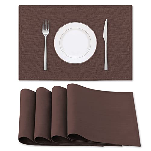 H.VERSAILTEX Linen Placemats Set of 4 Premium Solid Table Placemats for Dining Table Spill-Proof Waterproof Table Mats Heat-Resistant Kitchen Table Mats Washable, 12x18 inches, Chocolate
