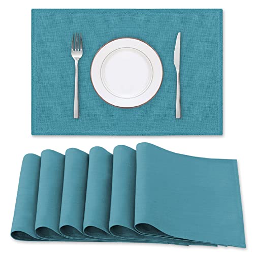 H.VERSAILTEX Linen Placemats Set of 6 Premium Solid Table Placemats for Dining Table Spill-Proof Waterproof Table Mats Heat-Resistant Kitchen Table Mats Washable, 12x18 inches, Teal