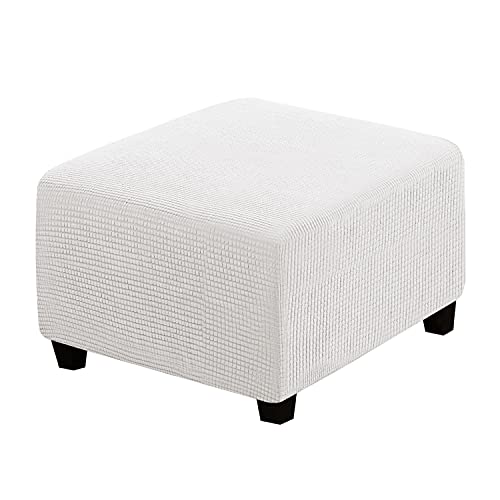 Square Ottoman Covers Ottoman Slipcovers Folding Storage Stool Furniture Protector Form Fit with Elastic Bottom, Stretch High Spandex Small Checks Jacquard Fabric(Medium,Off White)