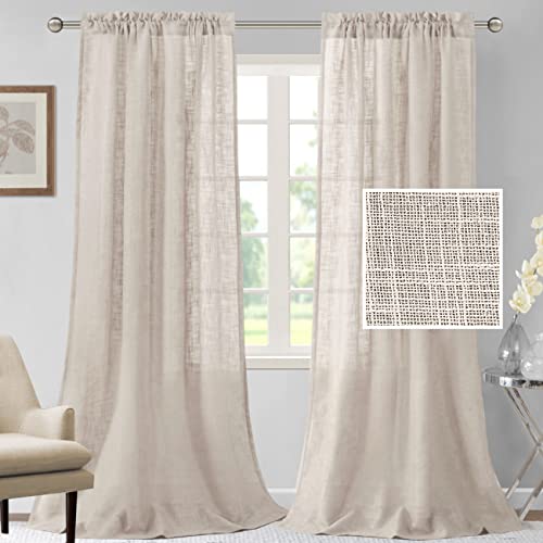 H.VERSAILTEX Linen Curtains 96 inches Long Natural Linen Blended Curtains for Living Room Burlap Linen Textured Curtains Light Filtering Rod Pocket Curtains Bedroom Curtains 2 Panel Sets, Natural