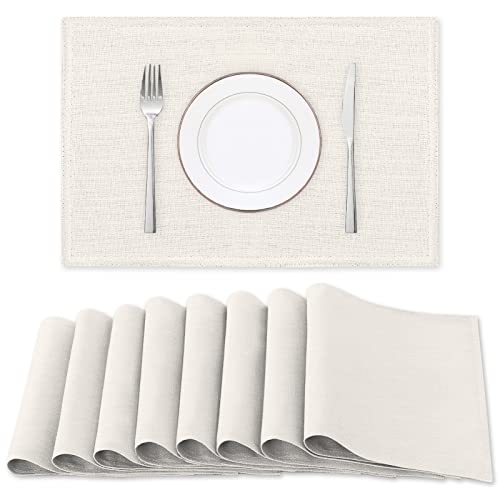 H.VERSAILTEX Linen Placemats Set of 8 Premium Solid Table Placemats for Dining Table Spill-Proof Waterproof Table Mats Heat-Resistant Kitchen Table Mats Washable, 12x18 inches, Ivory