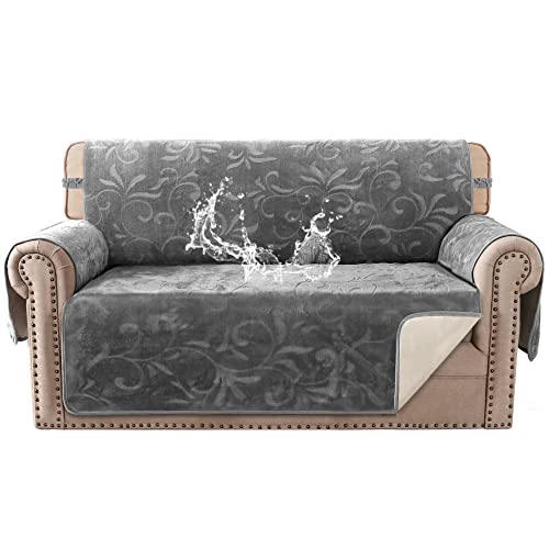 Sofa Slipcover 100% Waterproof Sofa Cover Couch Cover Premium Velvet Classic Flower Pattern Furniture Protector Non Slip with Elastic Straps for Pets Dogs Width Up to 52 Inch (Medium Sofa, Grey)