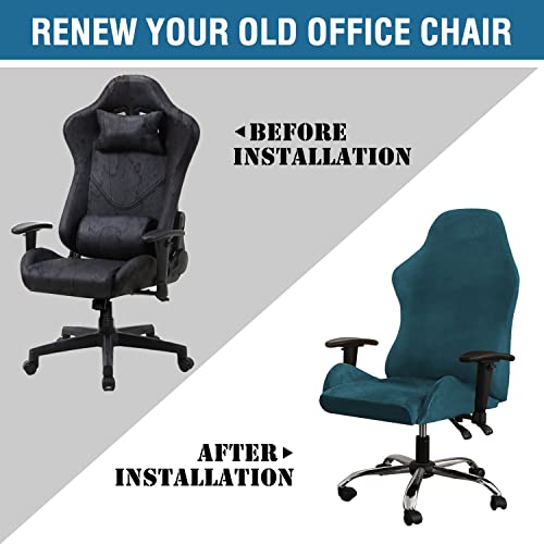 2 Piece Velvet Gaming Chair Covers Stretchable Game Chair Cover Protector Computer Chair Cover Computer Reclining Racing Ruffled Gamer Chair Protector Rotating Armchair Covers (Deep Teal)