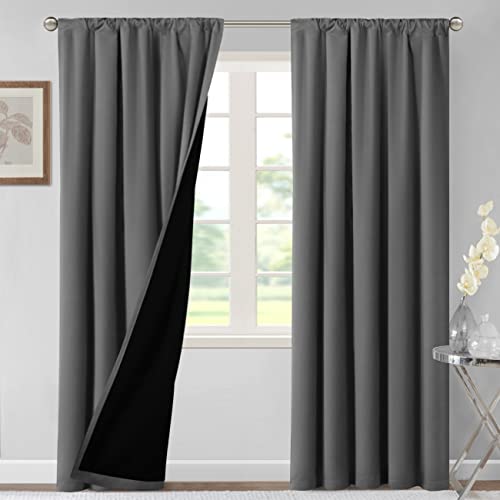 H.VERSAILTEX 100% Blackout Curtains for Bedroom Thermal Insulated Curtains & Drapes Blackout Curtains 84 Inches Long Rod Pocket Curtains for Living Room with Black Liner 2 Panels Set, Grey
