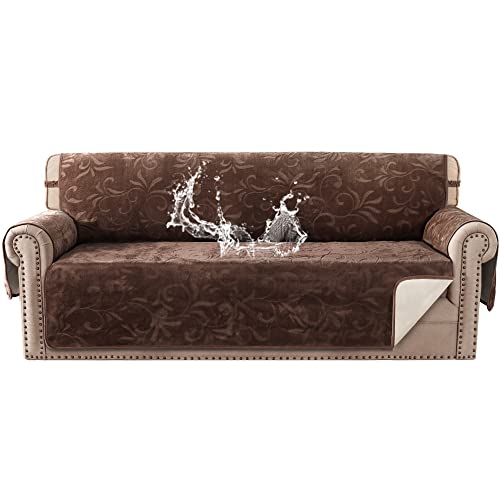 Sofa Slipcover 100% Waterproof Sofa Cover Couch Cover Premium Velvet Classic Flower Pattern Furniture Protector Non Slip with Elastic Straps for Pets Dogs Width Up to 72 Inch (Large Sofa, Chocolate)