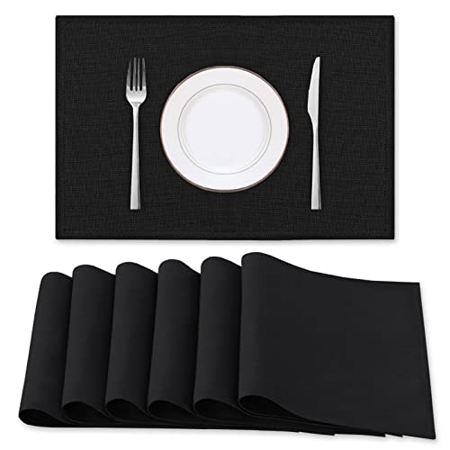 H.VERSAILTEX Linen Placemats Set of 6 Premium Solid Table Placemats for Dining Table Spill-Proof Waterproof Table Mats Heat-Resistant Kitchen Table Mats Washable, 12x18 inches, Black