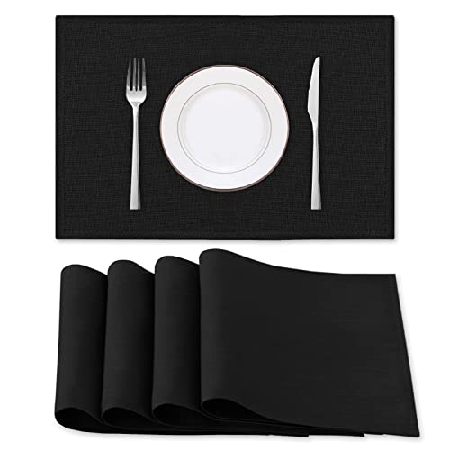 H.VERSAILTEX Linen Placemats Set of 4 Premium Solid Table Placemats for Dining Table Spill-Proof Waterproof Table Mats Heat-Resistant Kitchen Table Mats Washable, 12x18 inches, Black