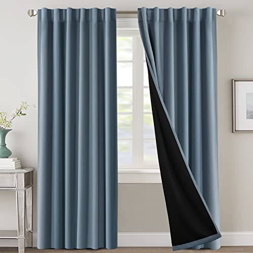 100% Blackout Curtains for Bedroom with Black Liner Full Room Darkening Curtains 96 Inches Long Thermal Insulated Back Tab/Rod Pocket Window Treatment Drapes for Living Room, Stone Blue, 2 Panels