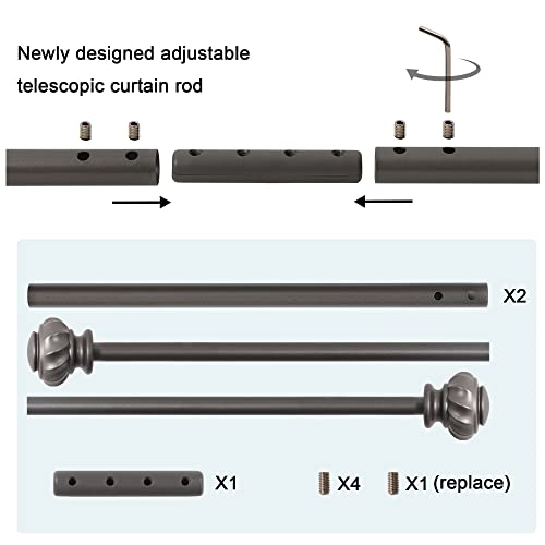 H.VERSAILTEX Window Curtain Rods for Windows 30 to 48 Inches Splicing Adjustable 3/4 Inch Diameter Single Window Curtain Rod Set with Decorative Ribbed Knob Finials, Pewter