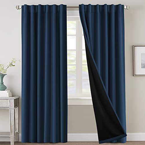 100% Blackout Curtains for Bedroom with Black Liner Full Room Darkening Curtains 84 Inches Long Thermal Insulated Back Tab/Rod Pocket Window Treatment Drapes for Living Room, Navy, 2 Panels