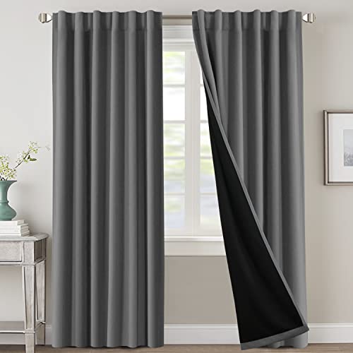 100% Blackout Curtains for Bedroom with Black Liner Full Room Darkening Curtains 84 Inches Long Thermal Insulated Back Tab/Rod Pocket Window Treatment Drapes for Living Room, Grey, 2 Panels