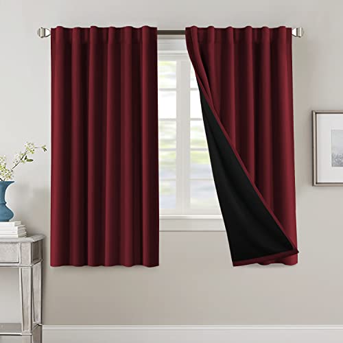 100% Blackout Curtains for Bedroom with Black Liner Full Room Darkening Curtains 63 Inches Long Thermal Insulated Back Tab/Rod Pocket Window Treatment Drapes for Living Room, Burgundy, 2 Panels