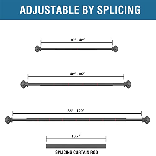 H.VERSAILTEX Window Curtain Rods for Windows 48 to 86 Inches Splicing Adjustable 3/4 Inch Diameter Single Window Curtain Rod Set with Decorative Ribbed Knob Finials, Pewter
