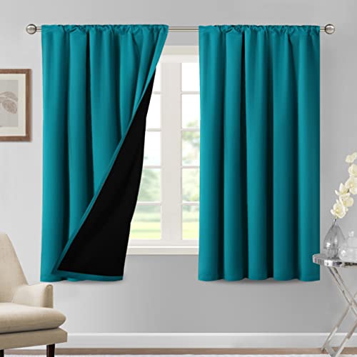 H.VERSAILTEX 100% Blackout Curtains for Bedroom Thermal Insulated Curtains & Drapes Blackout Curtains 63 Inches Long Rod Pocket Curtains for Living Room with Black Liner 2 Panels Set, Turquoise Blue