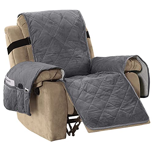 Thick Velvet Quilted Recliner Covers for Recliner Chair Covers Reclining Chair Slipcover Recliner Couch Cover with Non Slip Backing and Wider Elastic Strap (Checked - 79" x 68"- Grey)