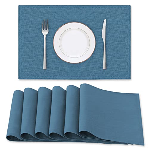 H.VERSAILTEX Linen Placemats Set of 6 Premium Solid Table Placemats for Dining Table Spill-Proof Waterproof Table Mats Heat-Resistant Kitchen Table Mats Washable, 12x18 inches, Ink Blue