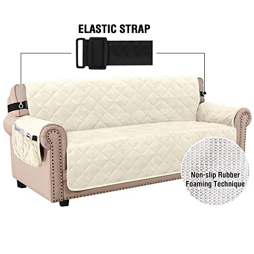 Thick Velvet Sofa Cover Soft Couch Cover for 3 Cushion Sofa Slipcover Washable Furniture Protector for Dogs, Non-Slip Elastic Straps Fit Sitting Width Up to 70"(Sofa, Ivory)