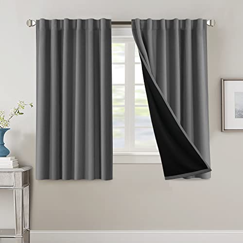 100% Blackout Curtains for Bedroom with Black Liner Full Room Darkening Curtains 54 Inches Long Thermal Insulated Back Tab/Rod Pocket Window Treatment Drapes for Living Room, Grey, 2 Panels