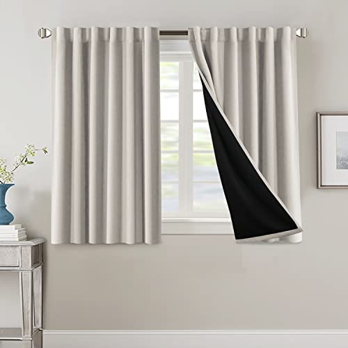 100% Blackout Curtains for Bedroom with Black Liner Full Room Darkening Curtains 45 Inches Long Thermal Insulated Back Tab/Rod Pocket Window Treatment Drapes for Living Room, Pumice Stone, 2 Panels