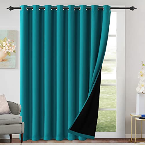 H.VERSAILTEX 100% Blackout Patio Curtains Thermal Insulated Curtains for Sliding Door Extra Wide Window Panels Full Light Blocking Grommet Curtains with Black Liner, W100 x L96 inch - Turquoise Blue