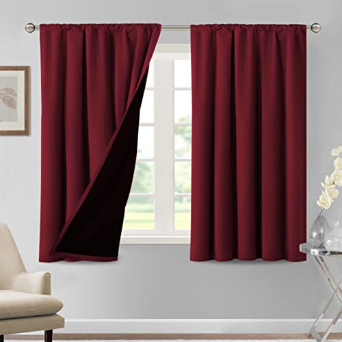 H.VERSAILTEX 100% Blackout Curtains for Bedroom Thermal Insulated Curtains & Drapes Blackout Curtains 54 Inches Long Rod Pocket Curtains for Living Room with Black Liner 2 Panels Set, Burgundy