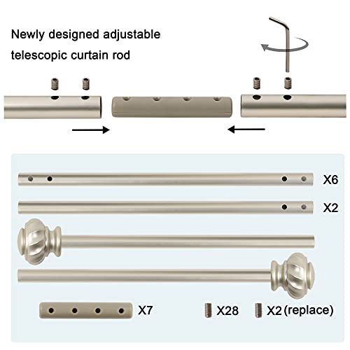 H.VERSAILTEX Window Curtain Rods for Windows 86 to 120 Inches Splicing Adjustable 3/4 Inch Diameter Single Window Curtain Rod Set with Decorative Ribbed Knob Finials, Nickel