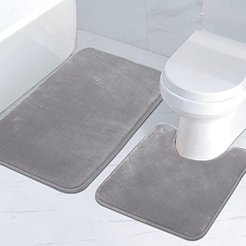 Bath Mat Memory Foam Set Bathroom Rug Set Flannel Velvety Bath Mat Luxury Extra Soft and Absorbent Non Slip Rugs for Bathroom/Bedroom Washable(Curved Set 24"x 36" Plus 20"x 24"U, Grey)