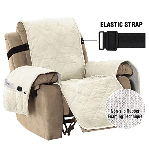 Thick Velvet Quilted Recliner Covers for Recliner Chair Covers Reclining Chair Slipcover Recliner Couch Cover with Non Slip Backing and Wider Elastic Strap (Checked - 79" x 68"- Ivory)