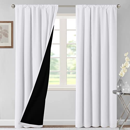 H.VERSAILTEX 100% Blackout Curtains for Bedroom Thermal Insulated Curtains & Drapes Blackout Curtains 96 Inches Long Rod Pocket Curtains for Living Room with Black Liner 2 Panels Set, Pure White