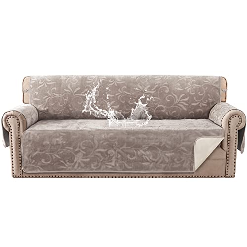Sofa Slipcover 100% Waterproof Sofa Cover Couch Cover Premium Velvet Classic Flower Pattern Furniture Protector Non Slip with Elastic Straps for Pets Dogs Width Up to 72 Inch (Large Sofa, Taupe)