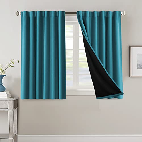 100% Blackout Curtains for Bedroom with Black Liner Full Room Darkening Curtains 45 Inches Long Thermal Insulated Back Tab/Rod Pocket Window Treatment Drapes for Living Room, Turquoise Blue, 2 Panels